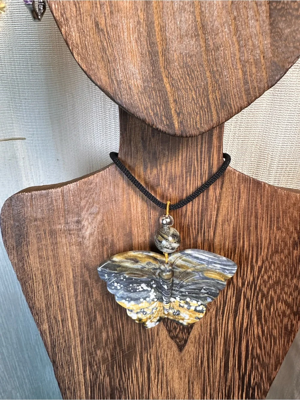 Handcrafted Ocean Jasper Butterfly Pendant Necklace-Green & Gold on Black Rope